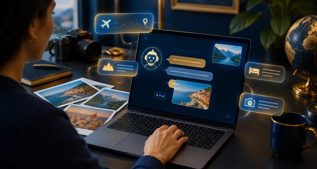 Pessoa planejando viagem com assistente de inteligência artificial no notebook